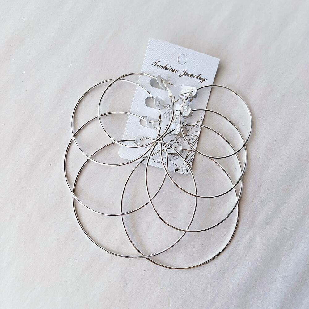 Silver Tone Hoop Earring Set 4 Various Hoops